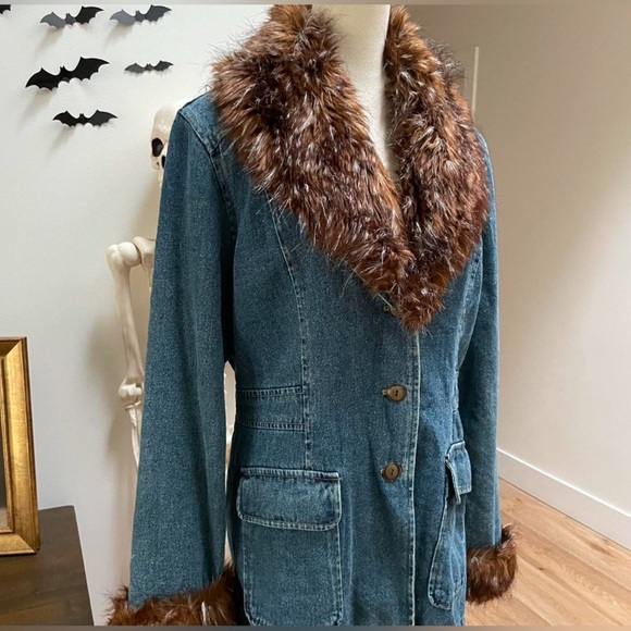 Penny Lane Vtg GIACCA Y2K Denim Jean Faux Fur Coat Jacket L Hippie Baby Girl - Picture 2 of 6